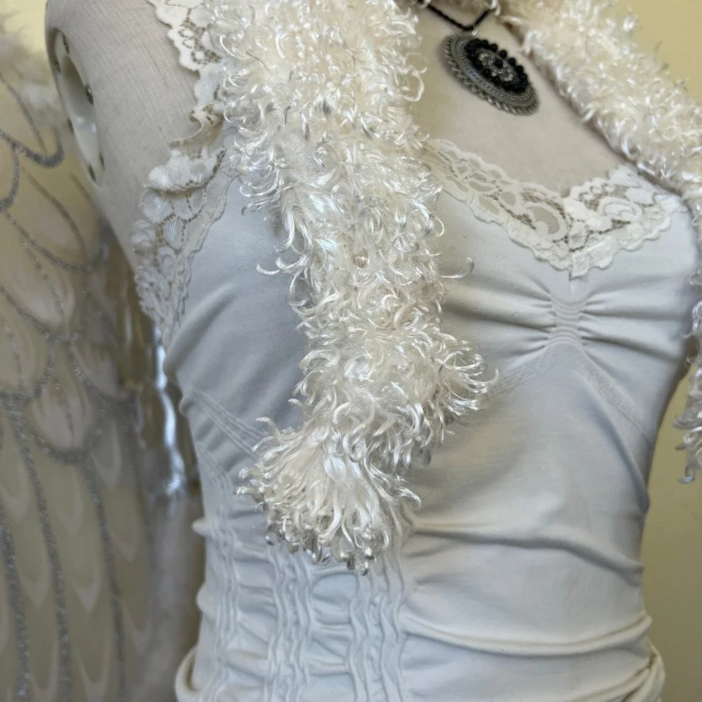 Vtg White Scarf Knit Fuzzy‎ Eyelash Y2K 90s Art Whimsygoth Quirky 90s Small